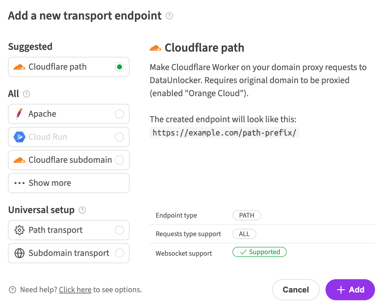 The UI for selecting a transport endpoint, with Cloudflare path-based option highlighted.
