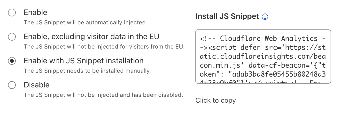Cloudflare Analytics code snippet with manual insertion option