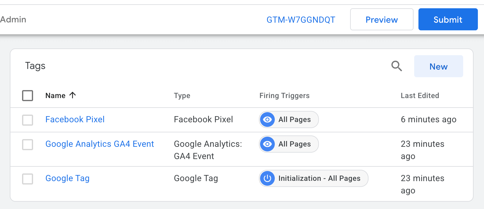 Google tags added to the GTM container for demonstration purposes