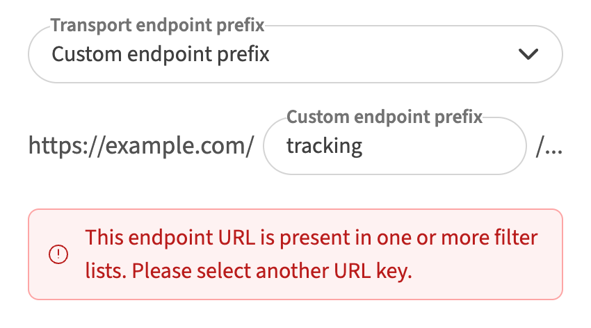 DataUnlocker UI showing a warning that the chosen URL prefix 'tracking' is on a filter list.